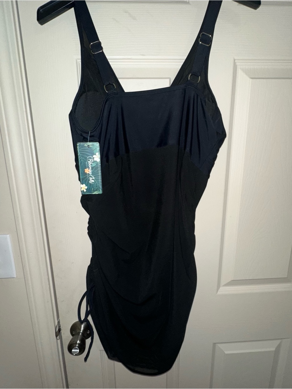 Black Ruched one piece bathing suit with Adjustable Straps.